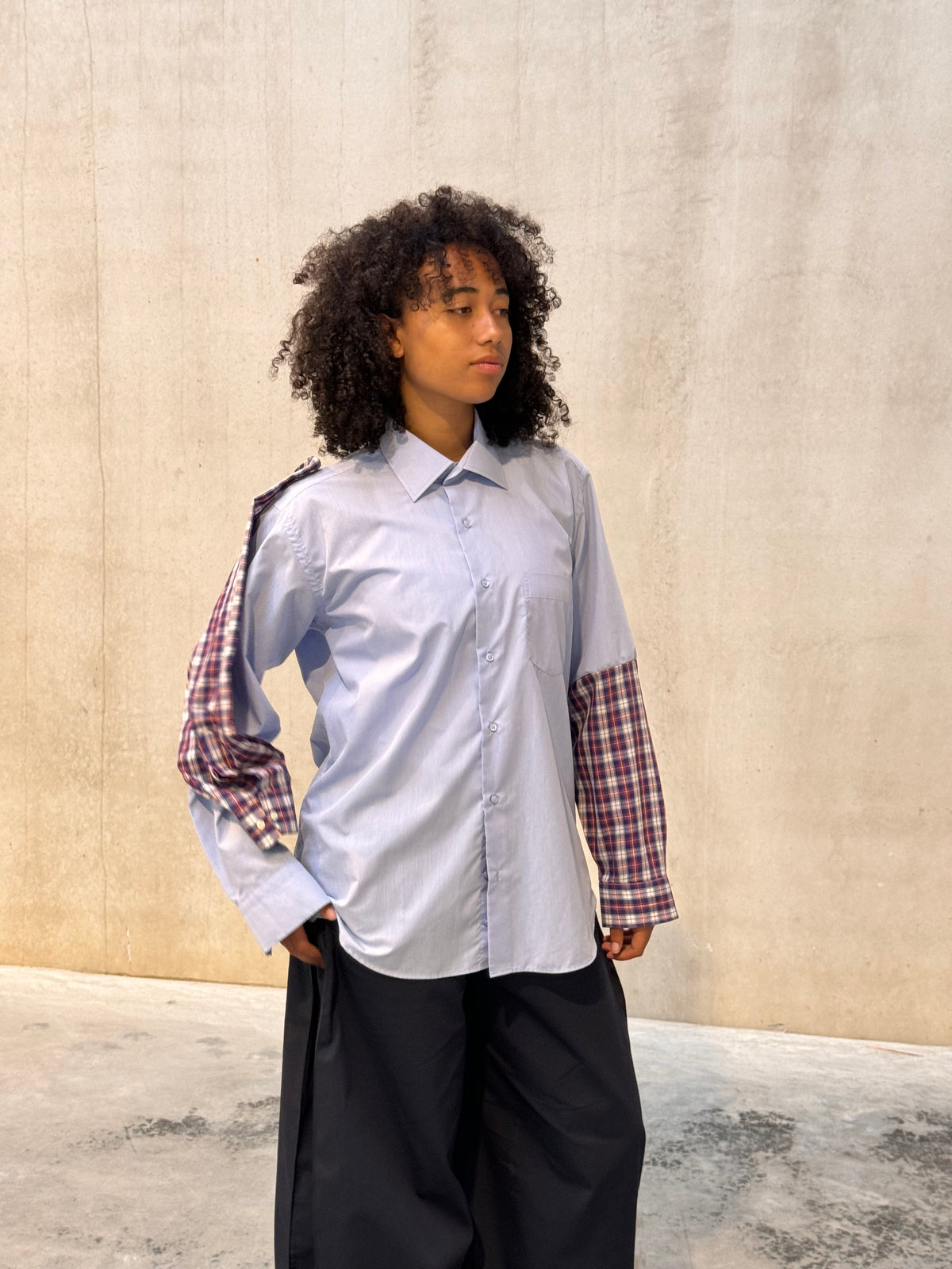 “DETACHABLE SLEEVE,, upcycled shirt