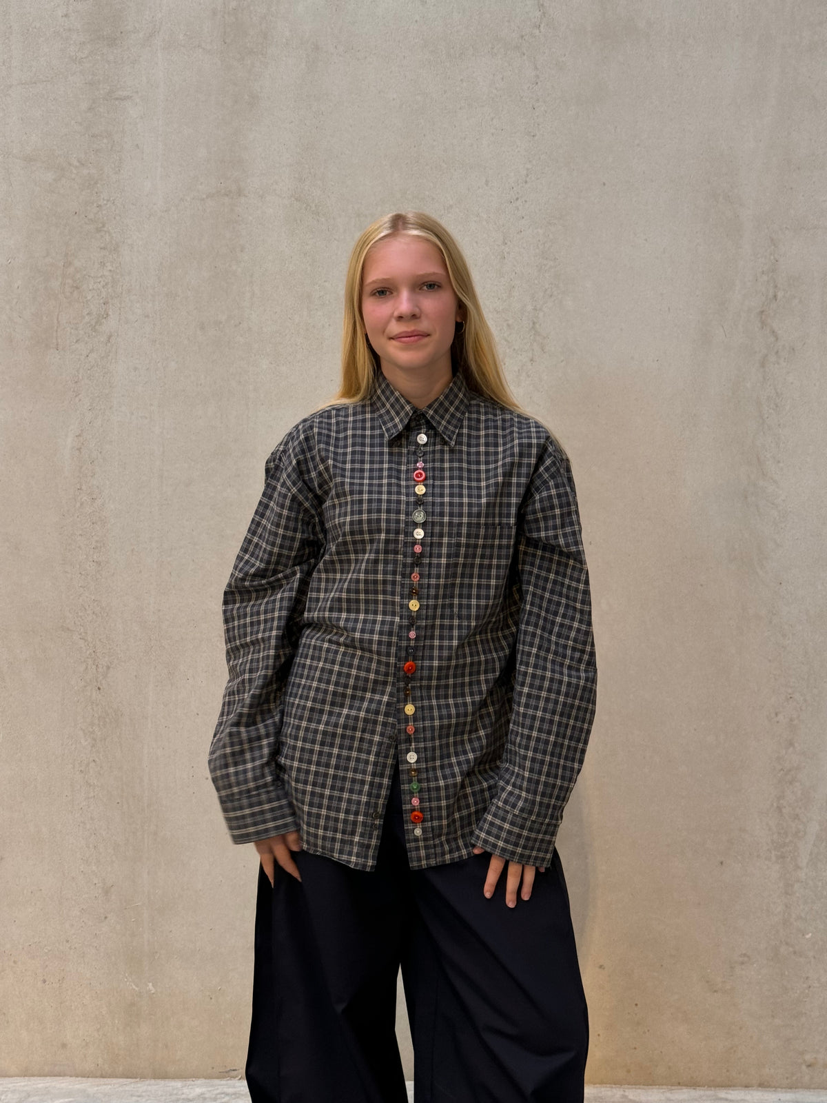 “BOLD BUTTONS,, upcycled shirt